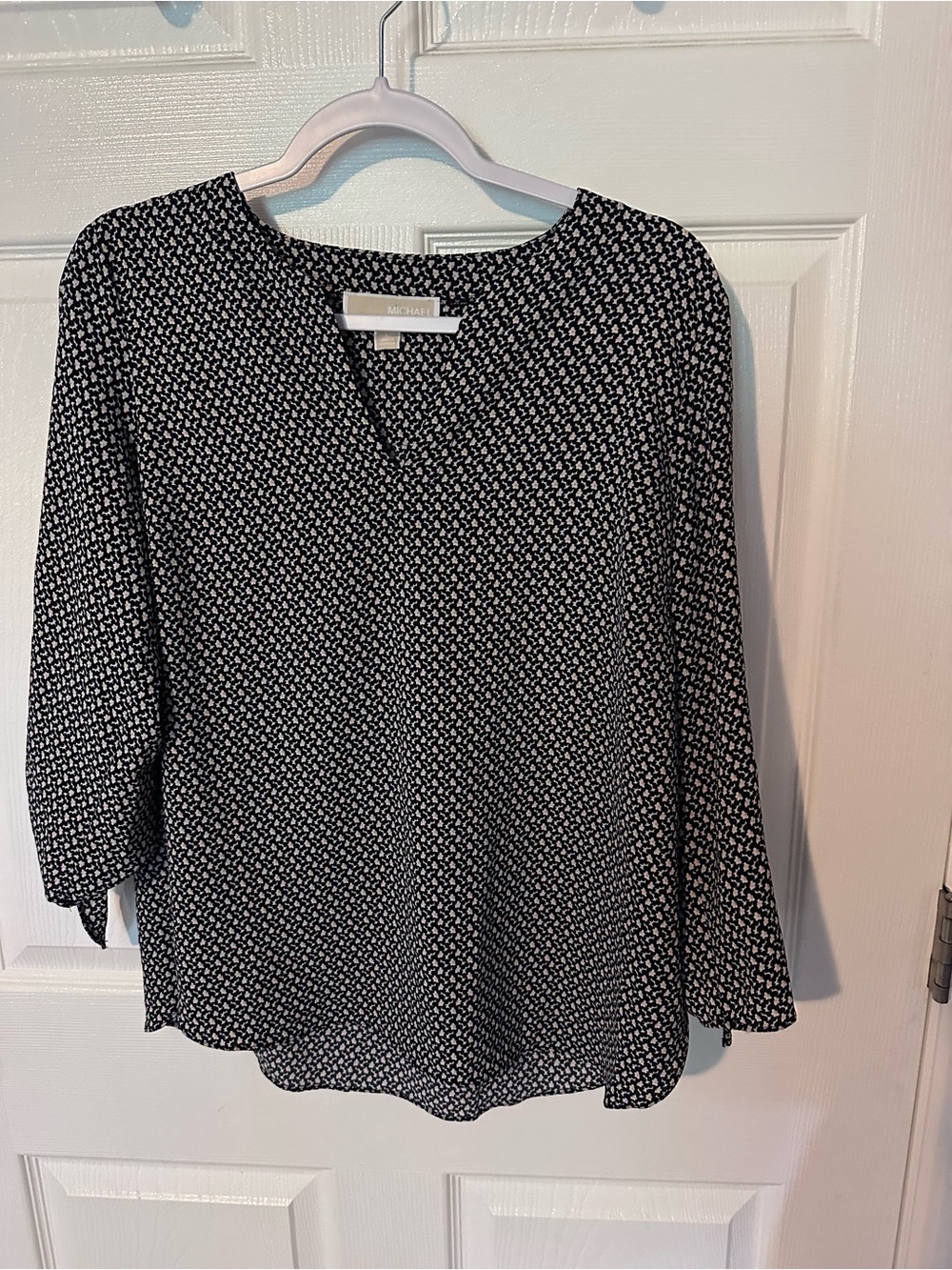 Michael Kors Black and White Printed V-Neck Blouse